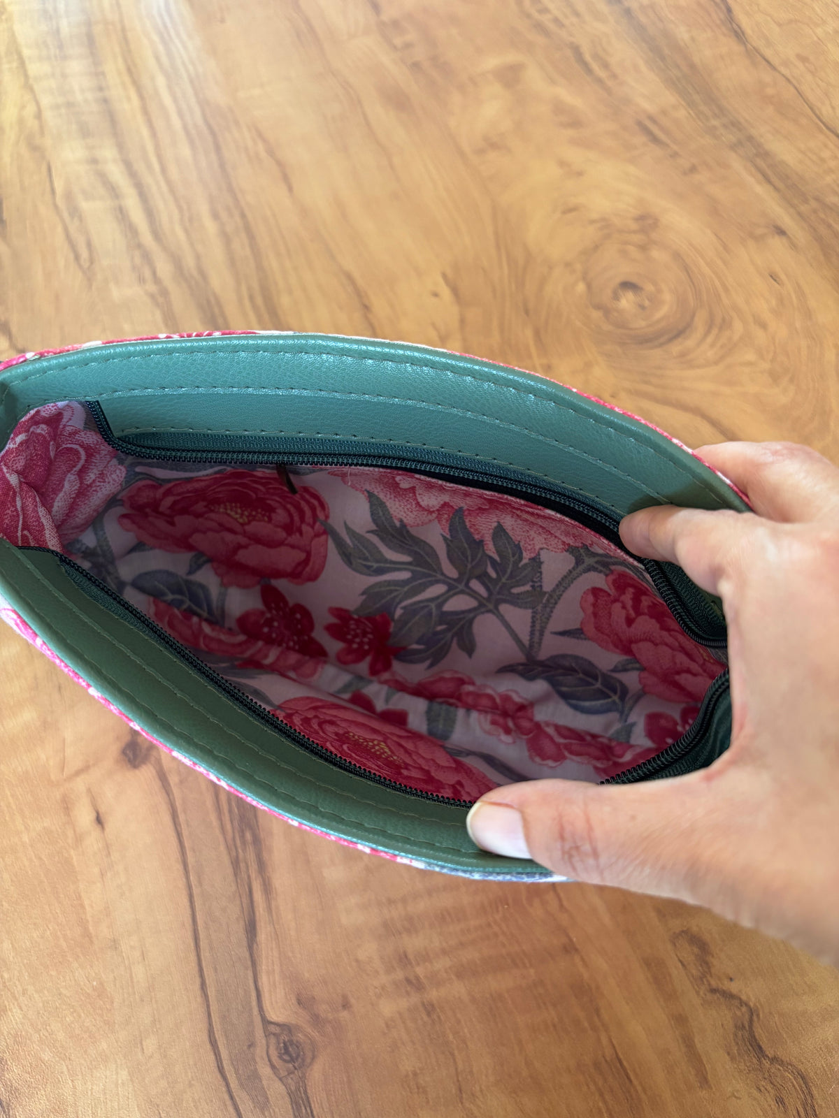 Inside the Peony Garden Baguette Bag: lined in a matching peony print