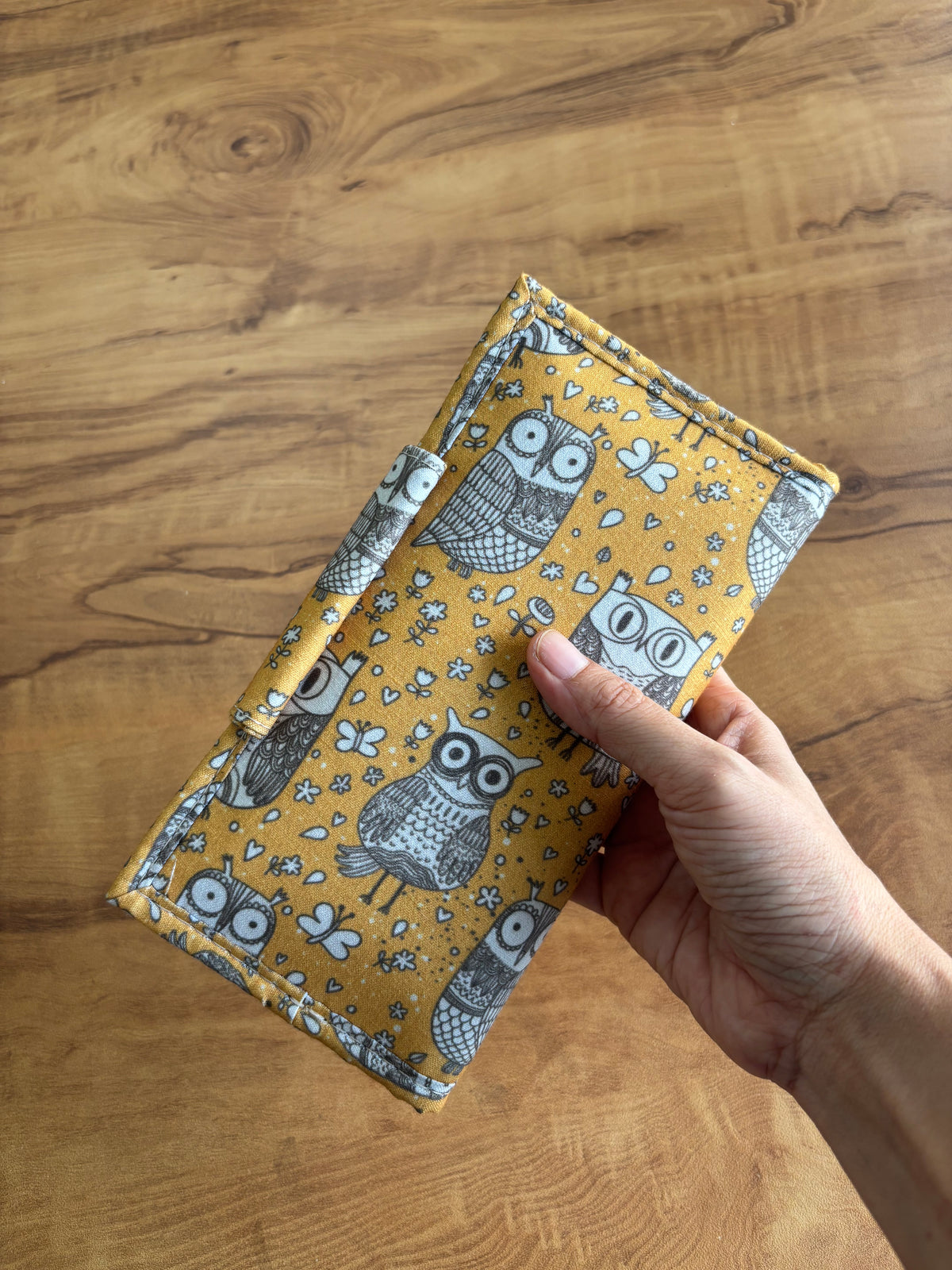 Owl Print Everyday Wallet, front, held in a hand