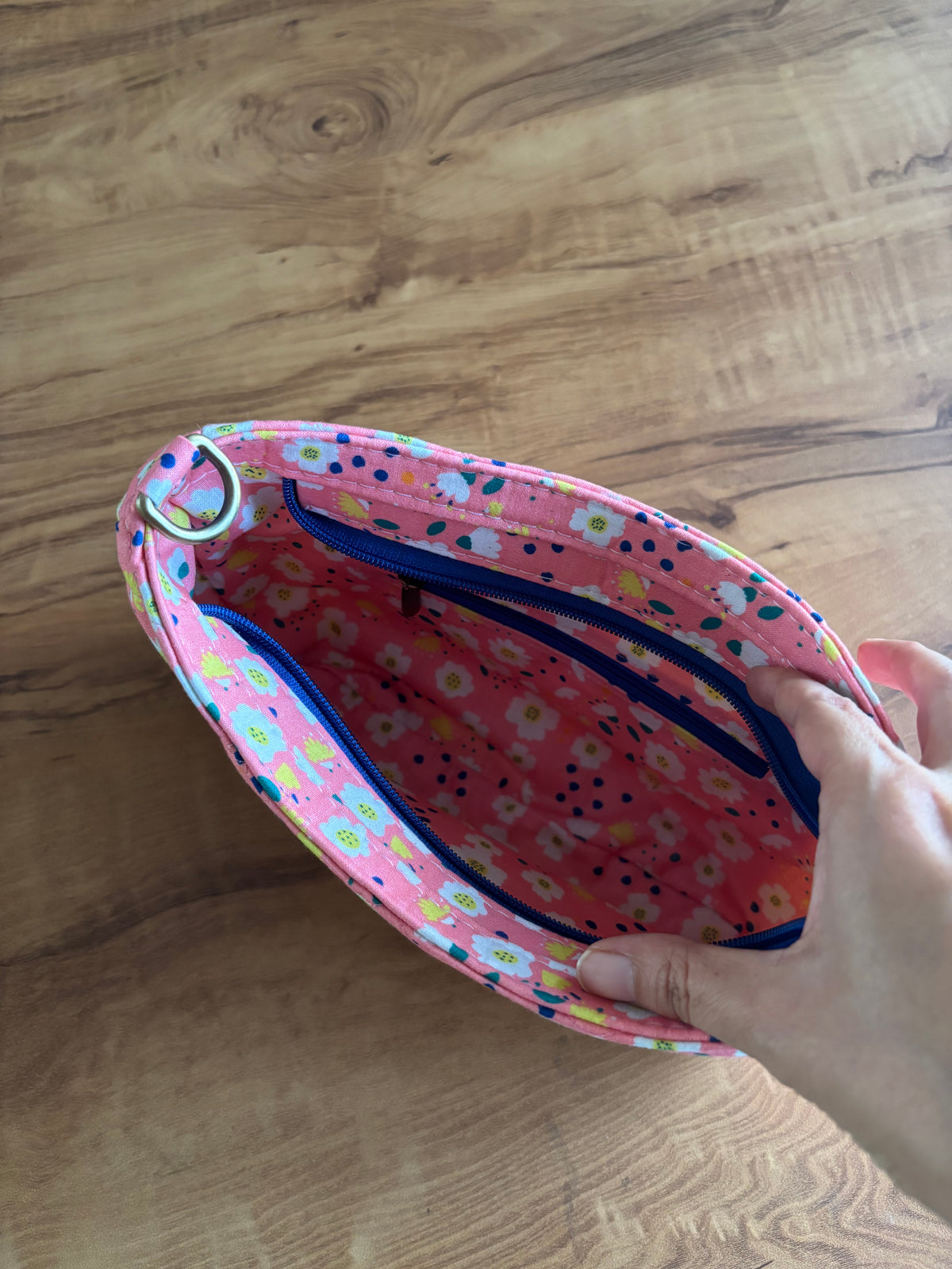 Inside the Pink Daisy Quilted Baguette Bag: lined in the same daisy print
