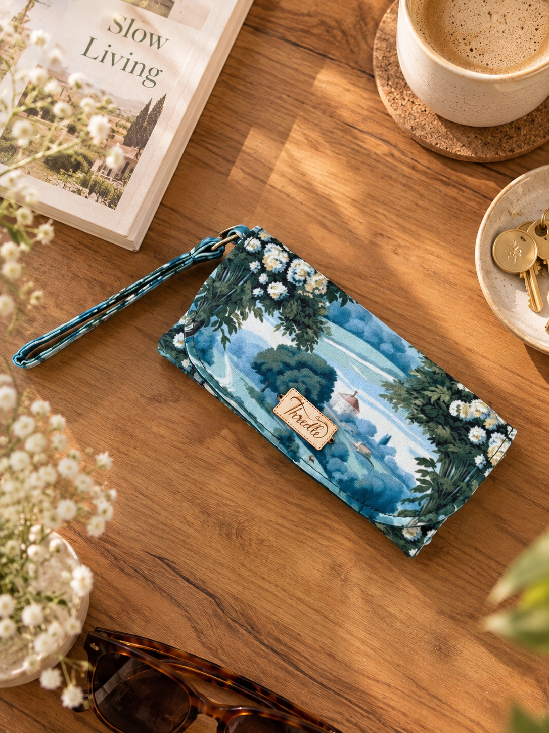 Lakeside Garden fold up wallet on a table with coffee and flowers